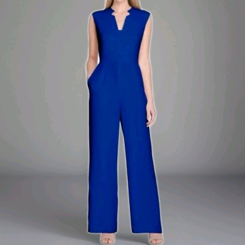 Tahari Royal Blue Sleeveless V-Neck Jumpsuit